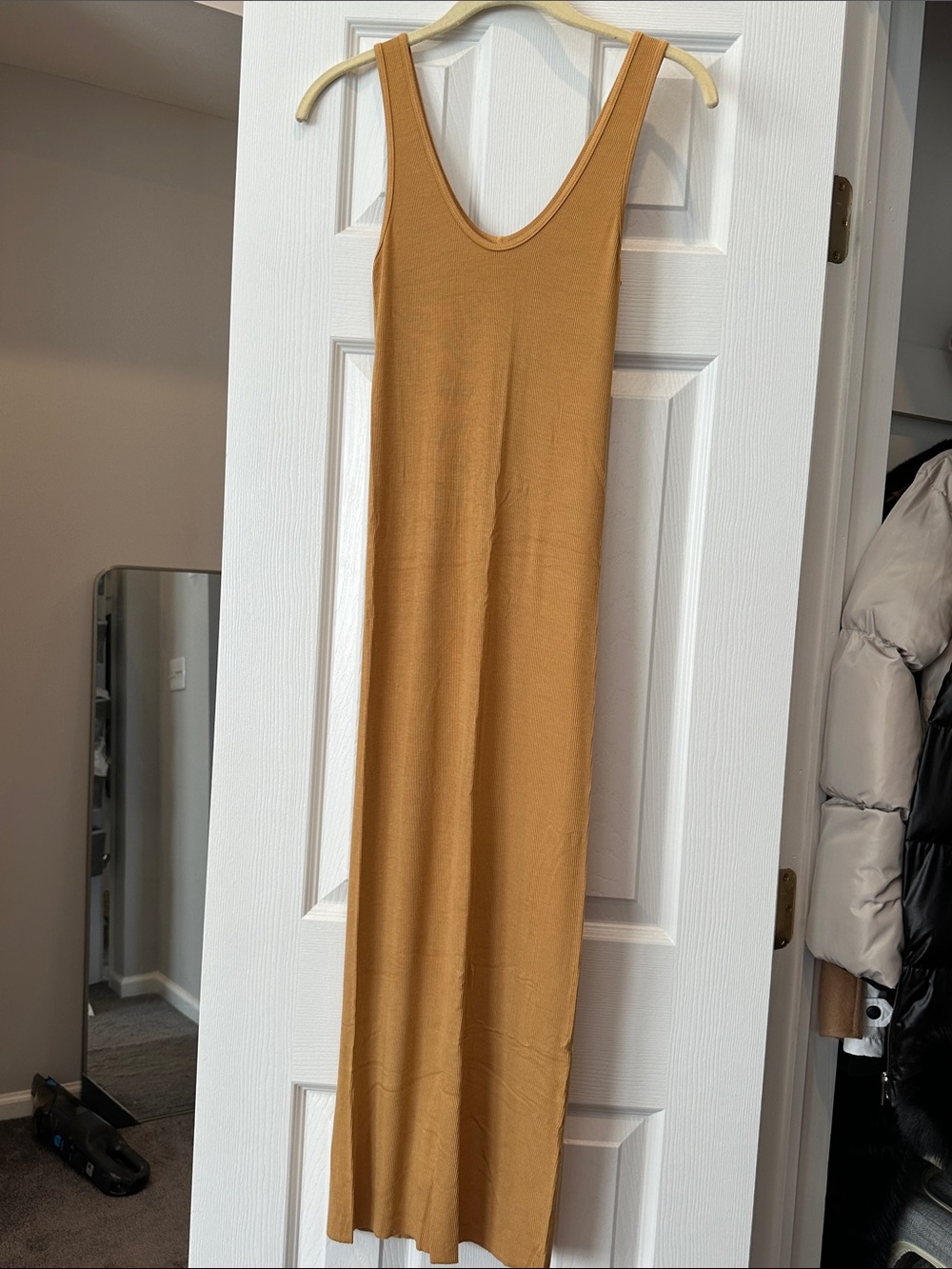 ENZA COSTA Silk Rib Midi Tank Dress Women Small Honey Tan Orange Scoop Neck NWOT